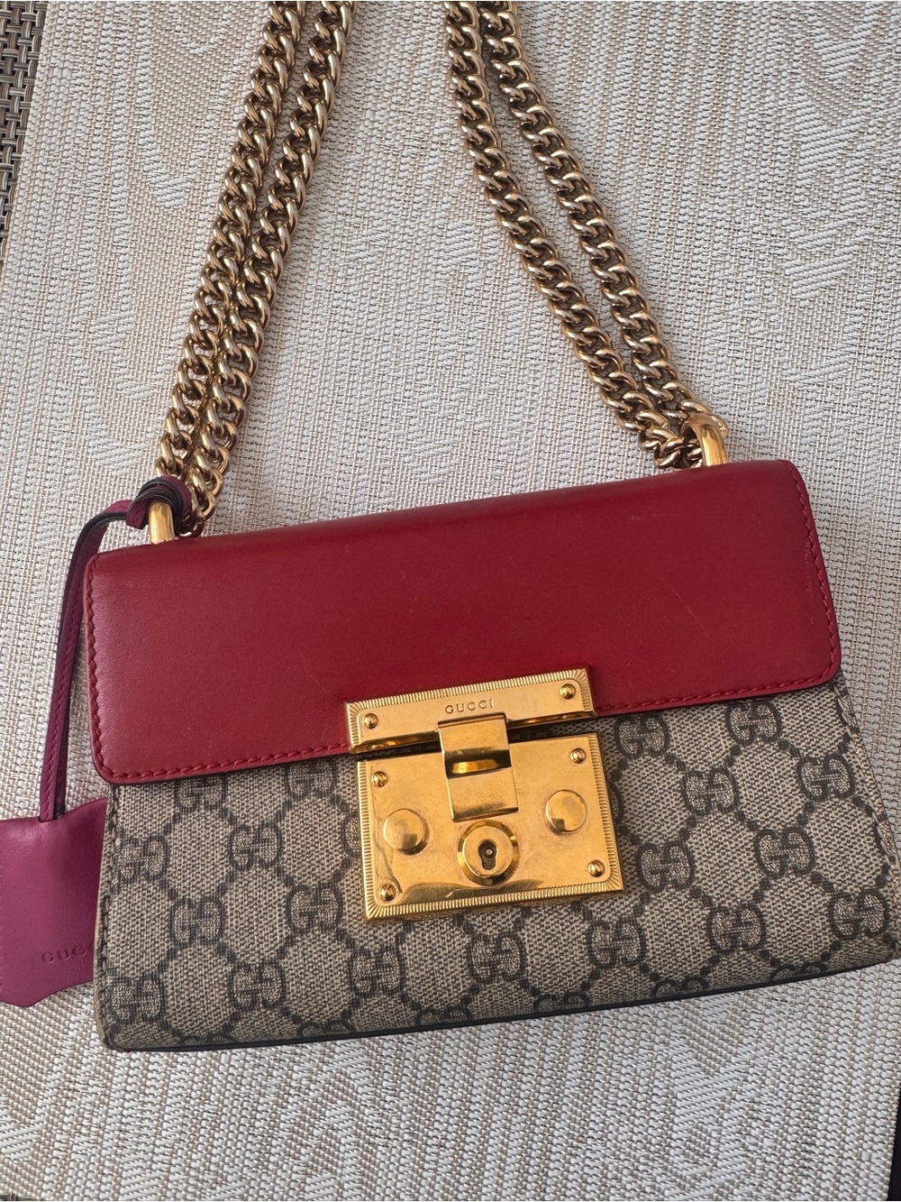 Gucci Red and Beige GG Chain Small Padlock Shoulder Bag - Picture 10 of 15